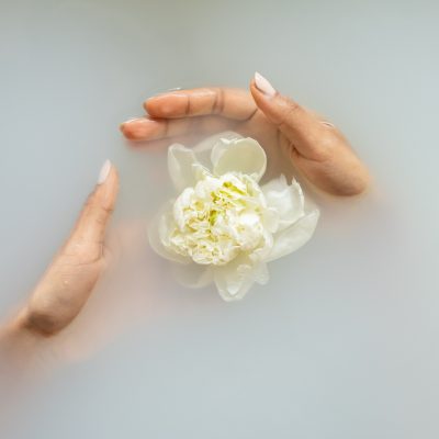 Hands clasping flower in healing waters