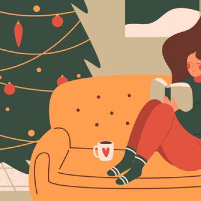 illustration of Woman sitting on couch reading book next to Christmas tree