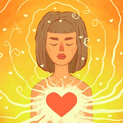 illustration of woman with heart bursting: self-love for valentine's day