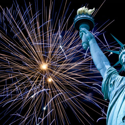 Statue of Liberty with fireworks