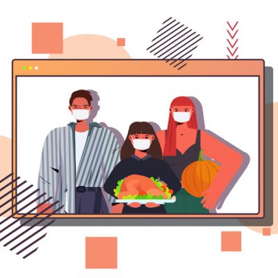 Illustration of family with masks holding a turkey in a virtual zoom video window