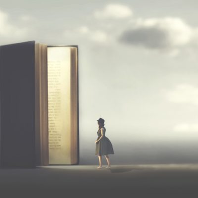Surreal book opens a door illuminated to a woman, enjoying spirtuality and books.