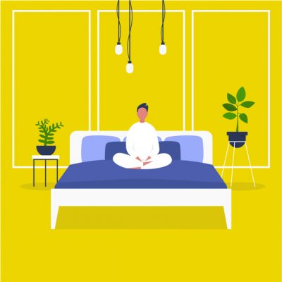 Illustration of person sitting on their bed in lotus yoga for better sleep