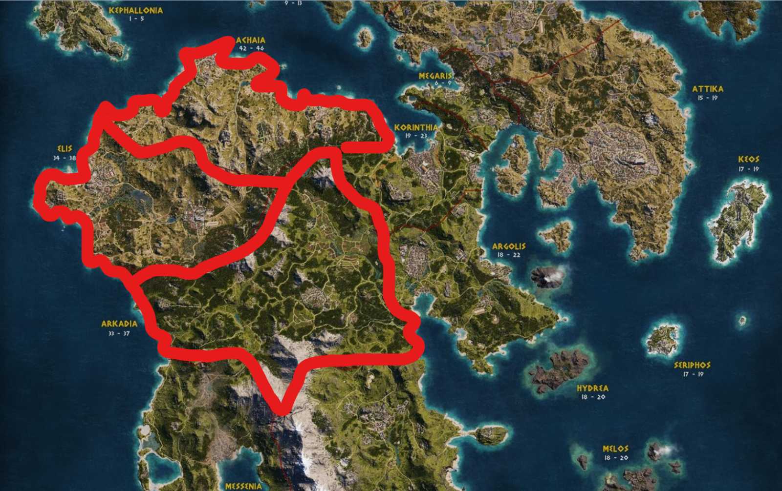 Mapa z Assassin's Creed Odyssey (označeny 3 zony).