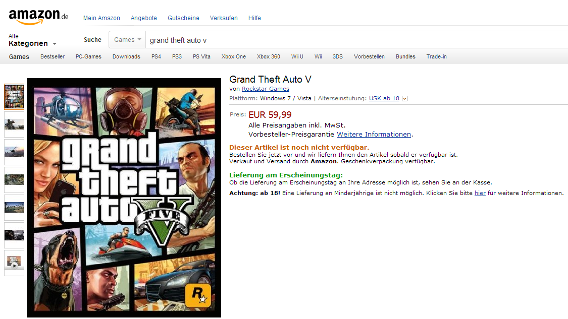 Grand Theft Auto: V pro PC se objevilo na Amazonu, jak Francie, tak Německa