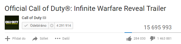 YouTube: Call of Duty: Infinite Warfare dostalo už milión palců dolu, co na to Activision?