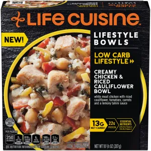 CREAMY CHICKEN & RICED CAULIFLOWER WHITE MEAT CHICKEN WITH RICED CAULIFLOWER, TOMATOES, CARROTS AND A LEMONY TAHINI SAUCE BOWL, CREAMY CHICKEN & RICED CAULIFLOWER
