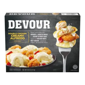 TENDER RAVIOLI STUFFED WITH CHICKEN AND RICOTTA CHEESE IN A CREAMY ALFREDO SAUCE, TOPPED WITH BREADED WHITE MEAT CHICKEN, ROASTED RED PEPPERS, AND MOZZARELLA CHEESE, DOUBLE CHICKEN CREAMY ALFREDO