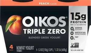 Dannon Oikos Triple Zero Peach Greek Yogurt, 5.3 Oz.