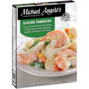 SEAFOOD PRIMAVERA PLUMP, TENDER SHRIMP AND SCALLOPS TOSSED WITH GARDEN-FRESH SPRING VEGETABLES AND CREAM SAUCE, SERVED ON A BED OF LINGUINE PASTA., SEAFOOD PRIMAVERA