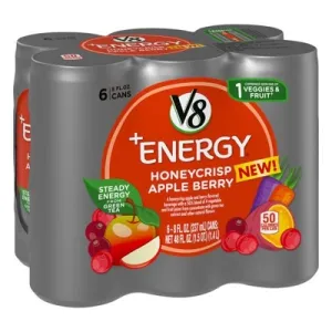 V8 +Energy, Healthy Energy Drink, Natural Energy from Tea, Honeycrisp Apple Berry, 8 Ounce Can (Pack of 6)