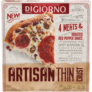 4 MEATS & ROASTED RED PEPPER SAUCE OVERSIZED SPICY PEPPERONI, GENOA SALAMI, APPLEWOOD BACON, ITALIAN SAUSAGE WITH MOZZARELLA & SMOKED GOUDA ARTISAN THIN CRUST PIZZA, 4 MEATS & ROASTED RED PEPPER SAUCE