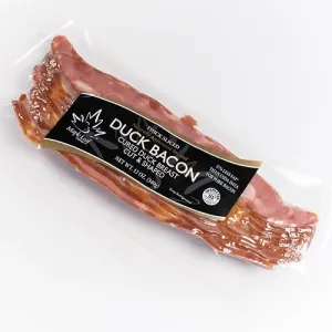 THICK SLICED APPLEWOOD SMOKED CURED DUCK BREAST CUT & SHAPED BACON, APPLEWOOD SMOKED