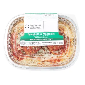 SPAGHETTI & MEATBALLS BEEF AND PORK MEATBALLS BLENDED WITH CHEESE MICROWAVE-SAFE TRAY, SPAGHETTI & MEATBALLS
