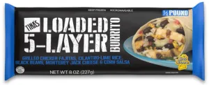 GRILLED WHITE MEAT CHICKEN FAJITAS, RED RICE, MONTEREY JACK CHEESE, CORN SALSA & BLACK BEANS LOADED 5-LAYER BURRITO, GRILLED WHITE MEAT CHICKEN FAJITAS, RED RICE, MONTEREY JACK CHEESE, CORN SALSA & BLACK BEANS