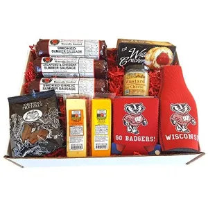 Ultimate Deluxe Badgers Gift Basket- Features Smoked Summer Sausages, 100% Wisconsin Cheeses, Crackers, Pretzels & Mustard