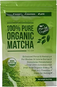 Matcha Organics Classic Matcha Green Tea Powder Extract - 100% Pure USDA Organic Culinary Grade - Bulk Starter Bag 4oz / 113g - Latte Mix, Smoothies, Baking Foods - FREE Top 100 Matcha Recipes Ebook