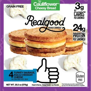 Realgood Turkey Sausage Egg & Cheddar Cheese On A Cauliflower Cheesy Bread Breakfast Sandwiches