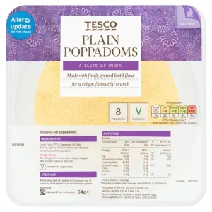 Diet info for Tesco Plain Poppadoms 8 Pack 64G - Spoonful