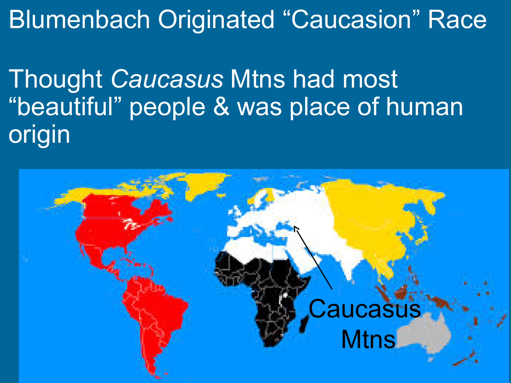 Blumenbach Originated “Caucasion” Race Thought  Caucasus  Mtns had most  “beautiful” people & was place of human  origin  Caucasus  Mtns