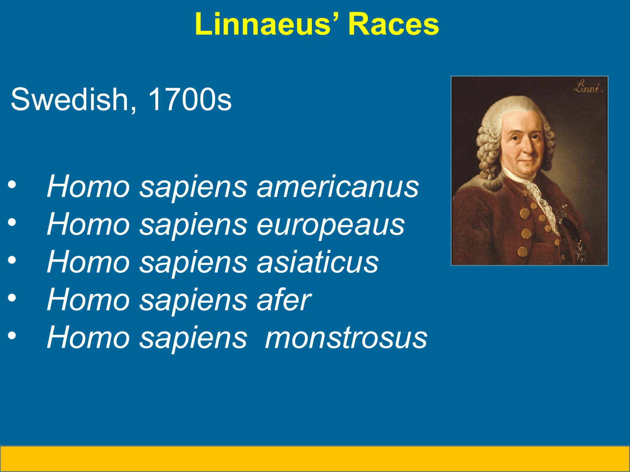 Linnaeus’ Races Swedish, 1700s   • Homo sapiens americanus • Homo sapiens europeaus • Homo sapiens asiaticus • Homo sapiens afer • Homo sapiens  monstrosus
