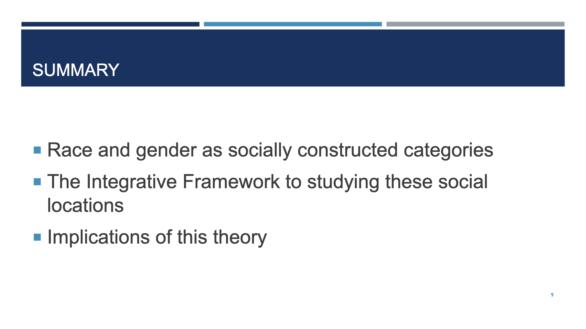 SUMMARY ¡ Race and gender as socially constructed categories  ¡ The Integrative Framework to studying these social  locations ¡ Implications of this theory 9