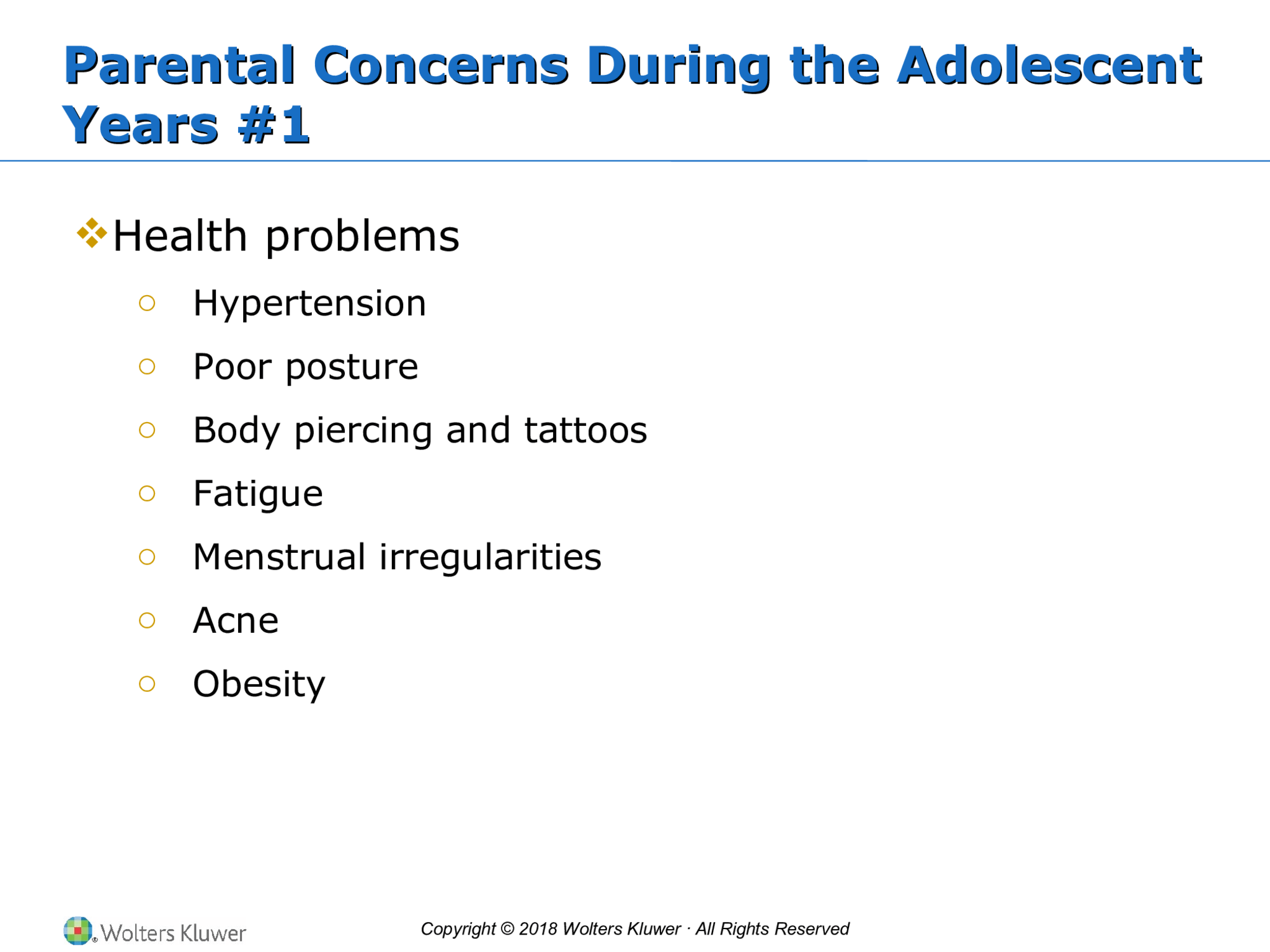 Copyright © 2018 Wolters Kluwer · All Rights Reserved Parental Concerns During the Adolescent  Years #1 Parental Concerns During the Adolescent  Years #1  Health problems o Hypertension o Poor posture o Body piercing and tattoos o Fatigue o Menstrual irregularities o Acne o Obesity