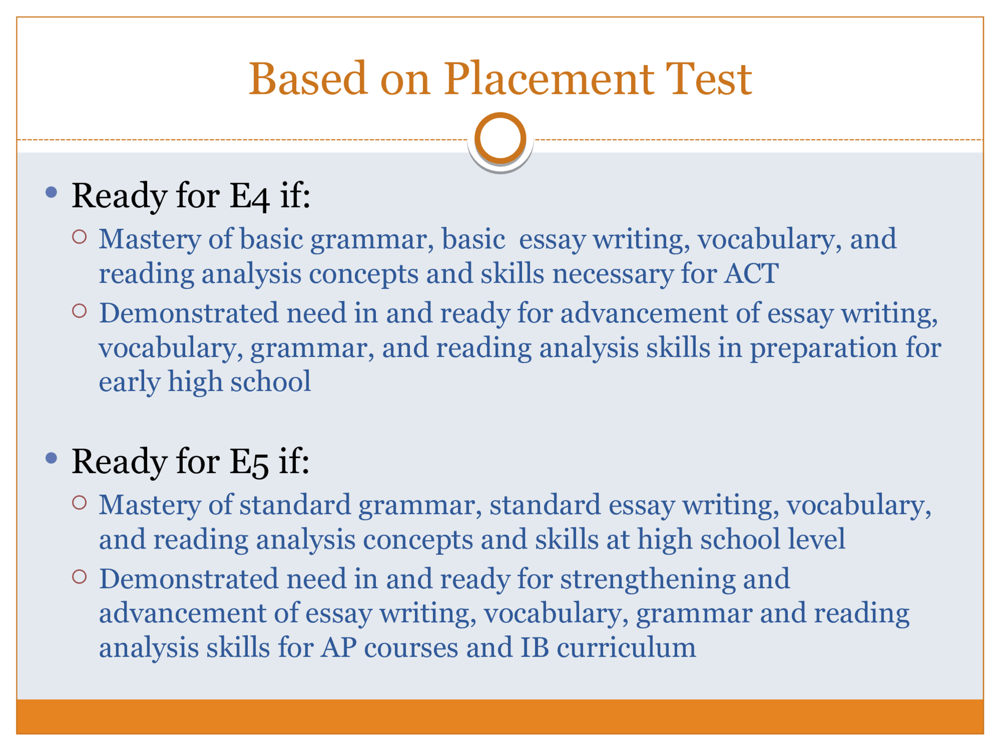 E3 Students  E3- Intermediate I Level  Strengthen and improve knowledge and understanding  Advance practice and improvement  Consistent and demonstrated application of skills  Preparation for PSAT concepts  Use online educational tools   Fulfills online technology Core Standard requirement  Prepares students for online educational environs used  in middle and high school as well as college  Learn to evaluate online resources for research skills