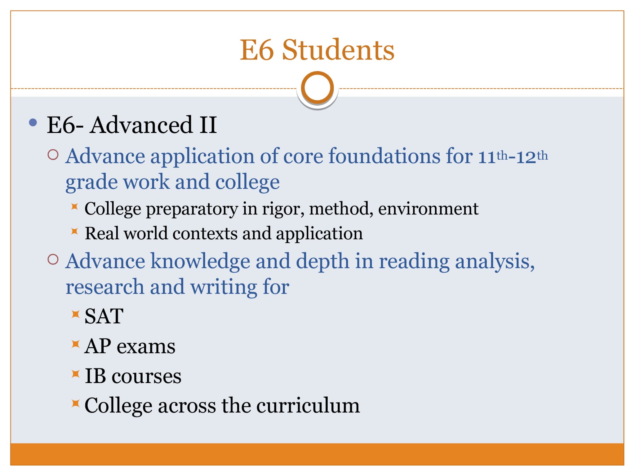 Each E-Level Consists Of...  Each E-Level has 2 parts covered in 2 semesters  Can start with any part  Covers series of concepts and skills in the core foundations needed for the student’s  Current demonstrated skills and knowledge  Improvement in quality of work at school  Upcoming higher grade levels  Upcoming standardized exams  Core Foundations  Reading Analysis  Research skills  Writing skills  Oral Presentation skills  Grammar concepts  Punctuation concepts  Spelling concepts  Vocabulary development  General knowledge development