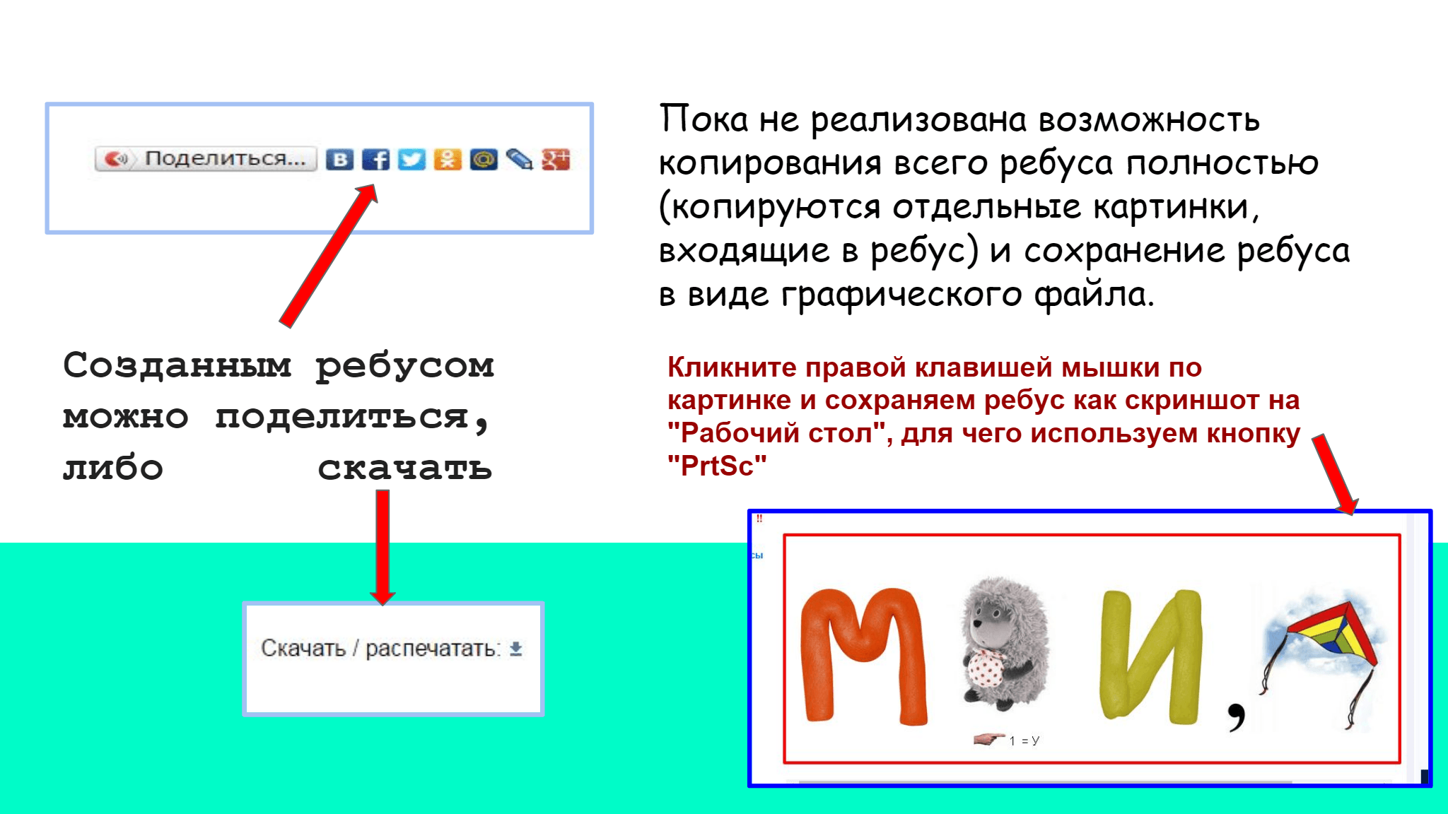 Созданным   ребусом   можно   поделиться ,          либо        скачать  Пока не реализована возможность   копирования всего ребуса полностью   (копируются отдельные картинки,   входящие в ребус) и сохранение ребуса   в виде графического файла.    Кликните правой клавишей мышки по  картинке и сохраняем ребус как скриншот на  "Рабочий стол", для чего используем кнопку  "PrtSc"   