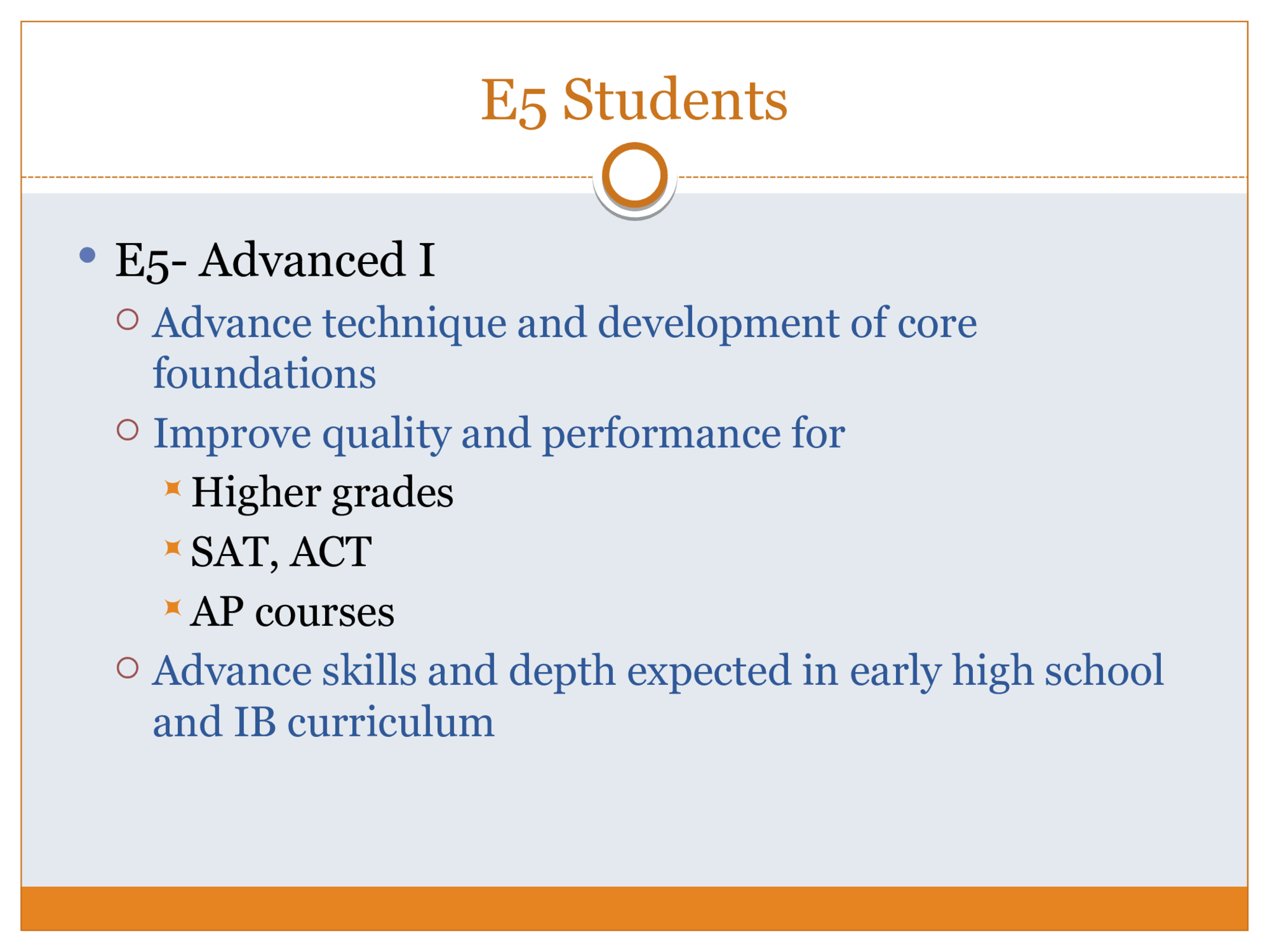 What Else?  All E-Levels require students to:  Work with technology  Be committed to learning process  Interact, participate, and expand critical thinking, metacognition, and  self-reflection  Improve and advance writing analysis, reading analysis, speaking skills,  and research skills  Improve and advance the quality and depth of their   Work  Skills   Presentation of   Themselves through  • Their work  • Their participation