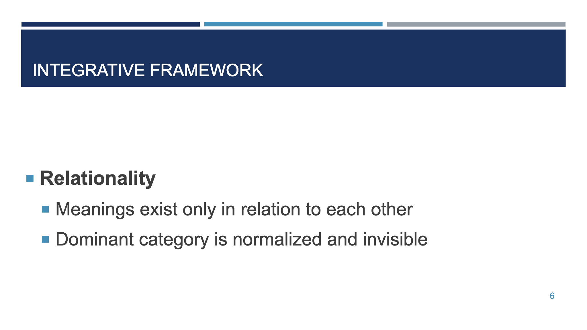 INTEGRATIVE FRAMEWORK ¡ Relationality ¡ Meanings exist only in relation to each other  ¡ Dominant category is normalized and invisible  6