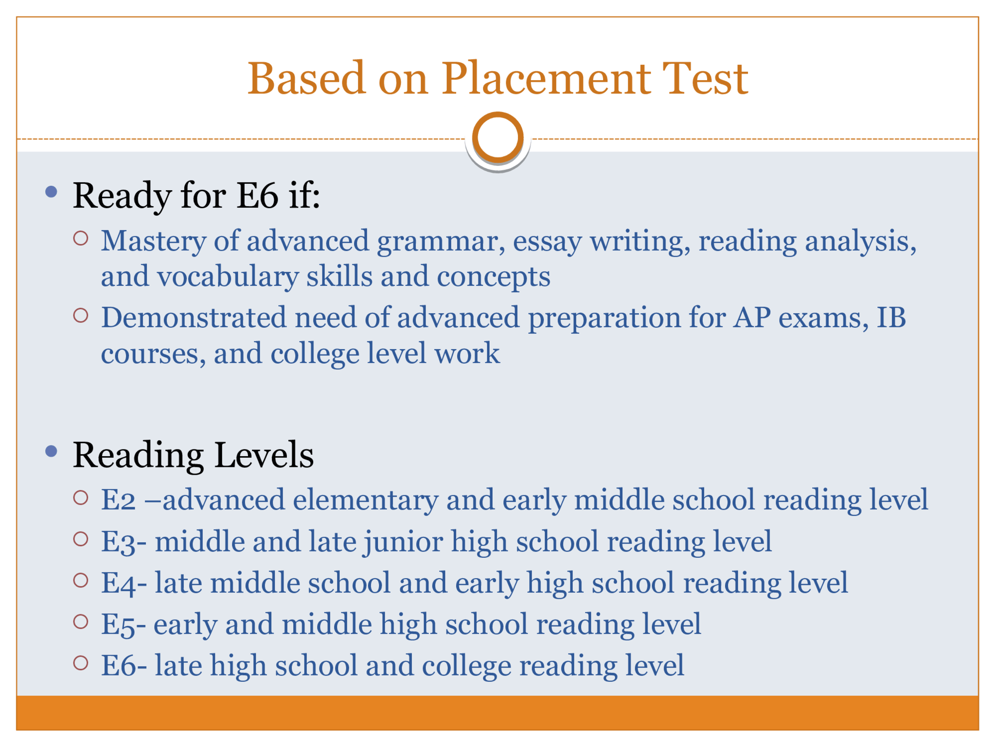 Based on Placement Test  Ready for E6 if:  Mastery of advanced grammar, essay writing, reading analysis,  and vocabulary skills and concepts  Demonstrated need of advanced preparation for AP exams, IB  courses, and college level work   Reading Levels  E2 –advanced elementary and early middle school reading level  E3- middle and late junior high school reading level  E4- late middle school and early high school reading level  E5- early and middle high school reading level  E6- late high school and college reading level