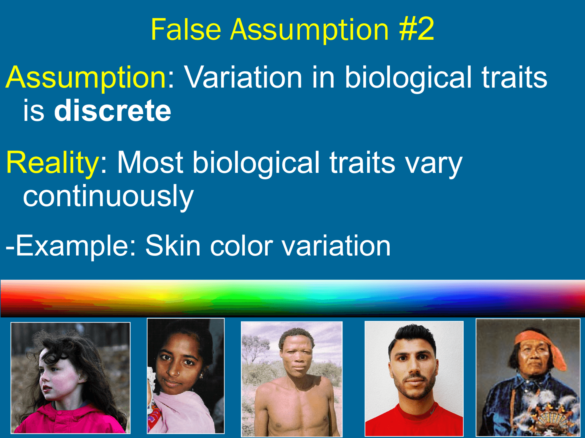 False Assumption  #2 Assumption : Variation in biological traits  is  discrete Reality : Most biological traits vary  continuously  -Example: Skin color variation