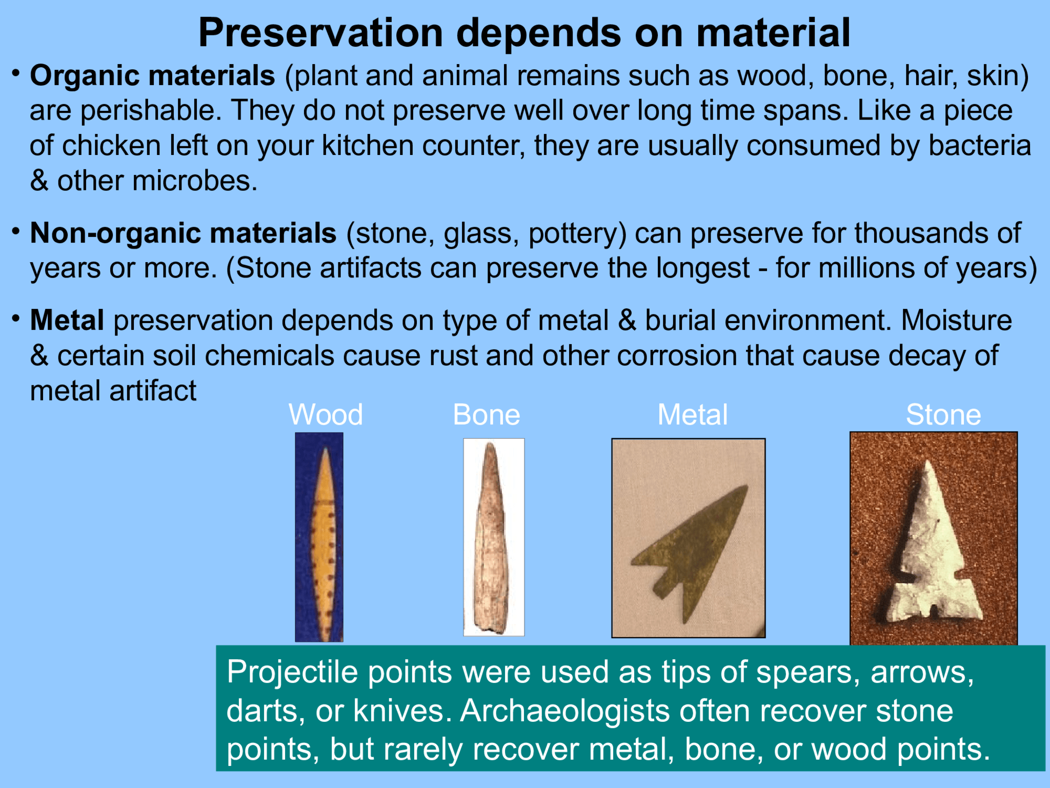 Preservation depends on material Wood           Bone                 Metal                      Stone • Organic materials  (plant and animal remains such as wood, bone, hair, skin)  are perishable. They do not preserve well over long time spans. Like a piece  of chicken left on your kitchen counter, they are usually consumed by bacteria  & other microbes.  • Non-organic materials  (stone, glass, pottery) can preserve for thousands of  years or more. (Stone artifacts can preserve the longest - for millions of years) • Metal  preservation depends on type of metal & burial environment. Moisture  & certain soil chemicals cause rust and other corrosion that cause decay of  metal artifact Projectile points were used as tips of spears, arrows,  darts, or knives. Archaeologists often recover stone  points, but rarely recover metal, bone, or wood points.
