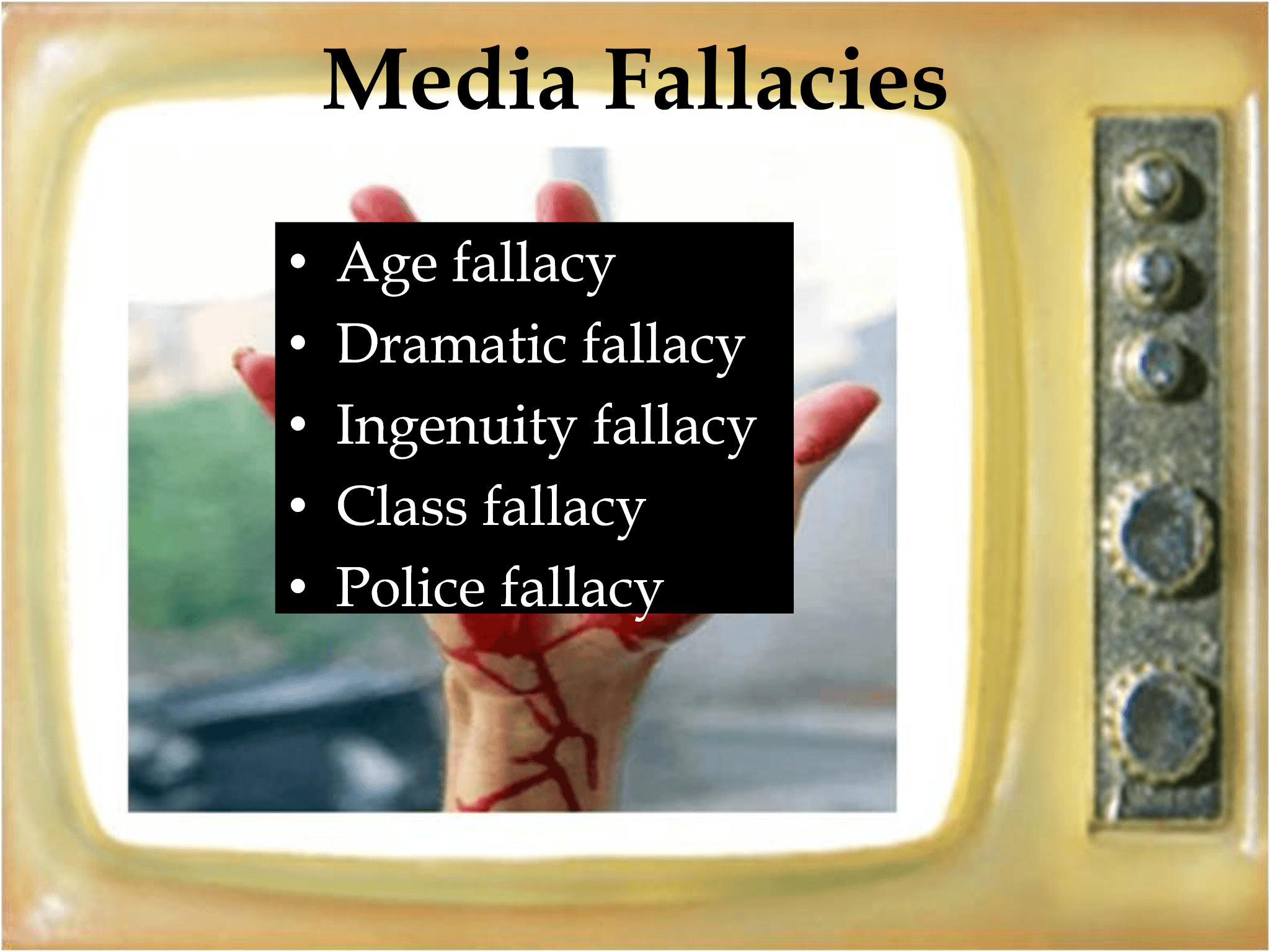 Media Fallacies • Age fallacy • Dramatic fallacy • Ingenuity fallacy • Class fallacy • Police fallacy