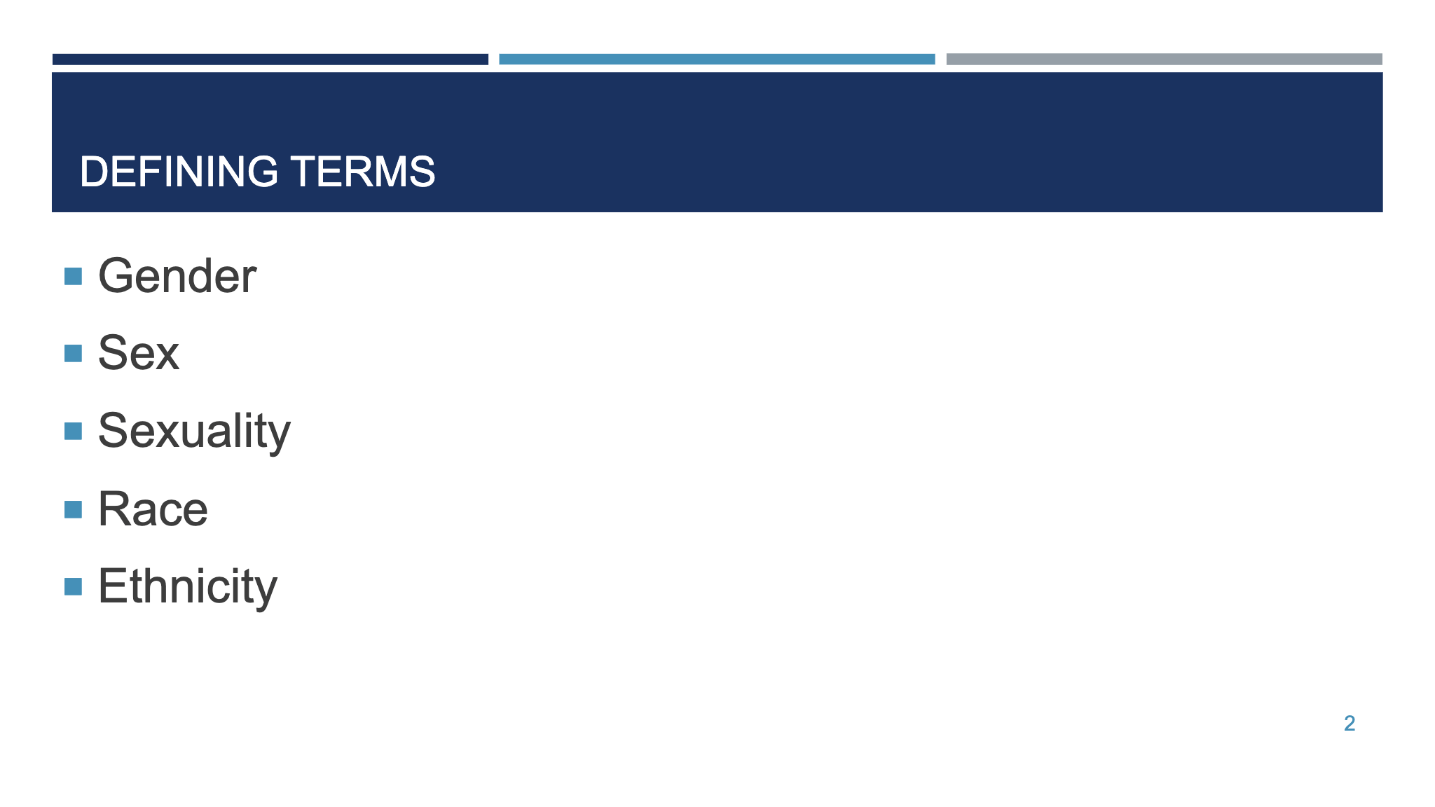 DEFINING TERMS ¡ Gender ¡ Sex ¡ Sexuality ¡ Race ¡ Ethnicity  2