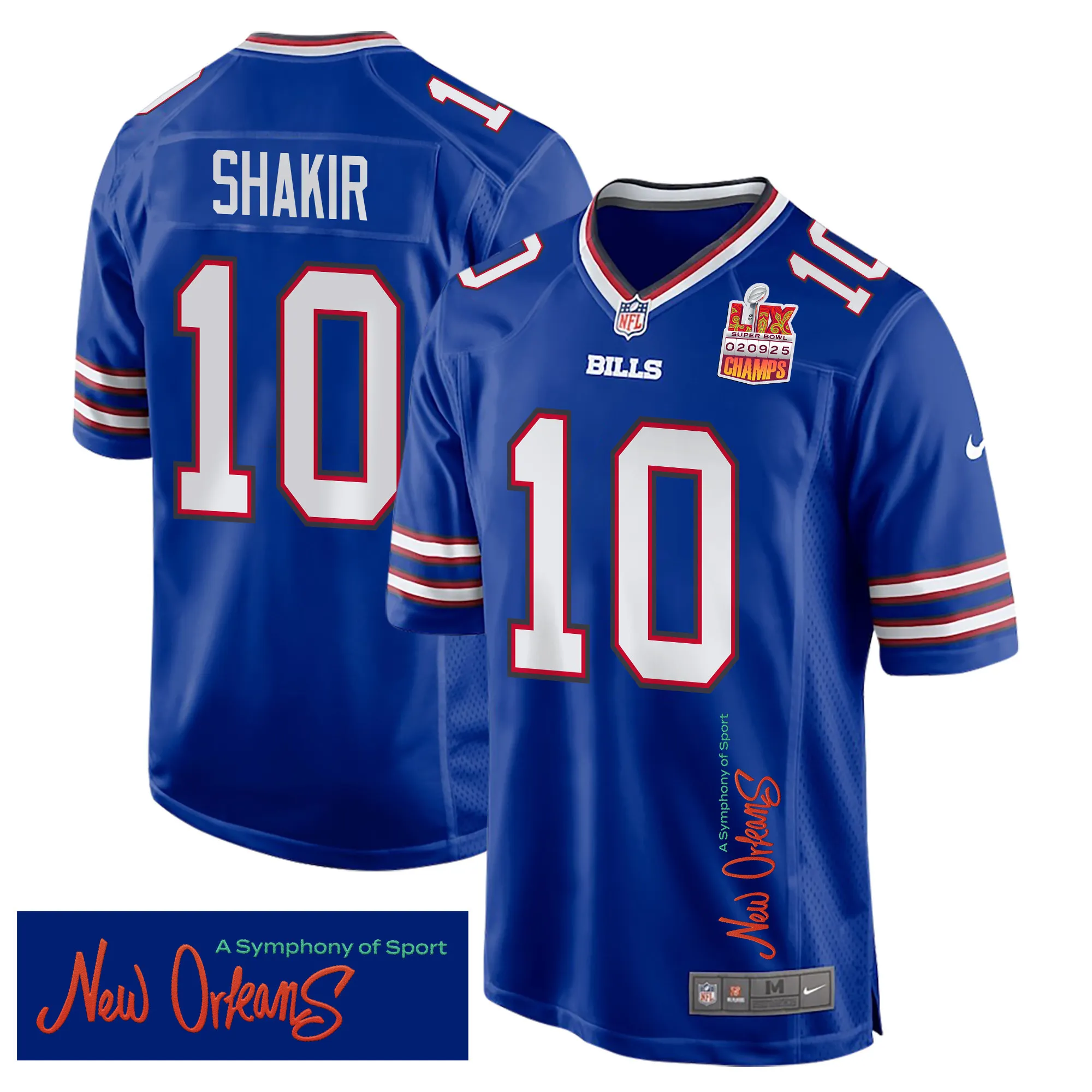 Khalil Shakir 10 Buffalo Bills Super Bowl LIX Champions Patch 'New Orleans - A Symphony of Sport' EMBROIDERED Game Men Jersey - Royal Image