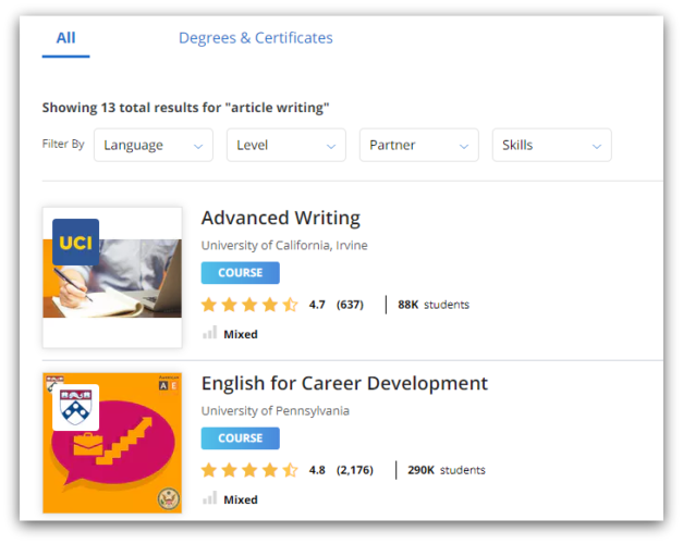 coursera writing courses screenshot