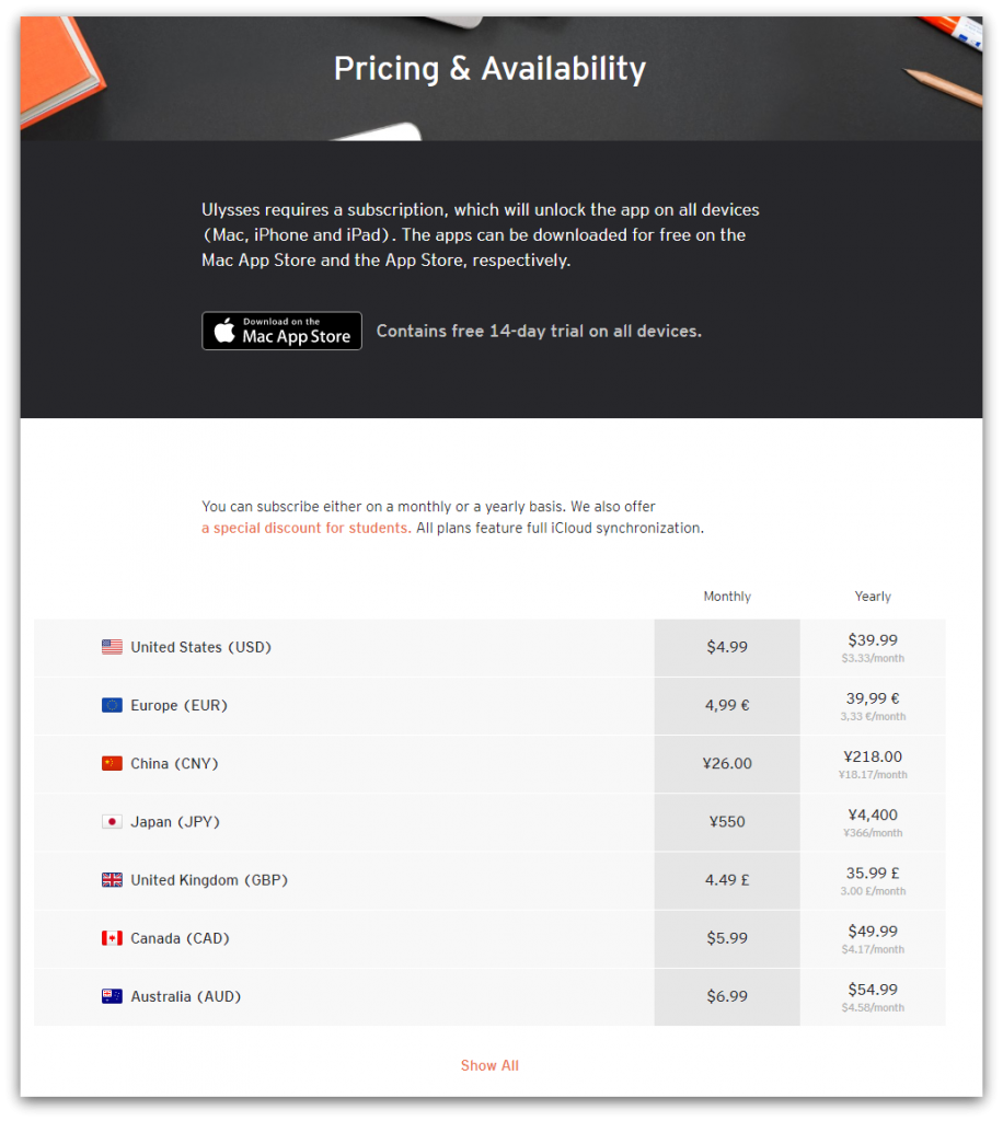 ulysses pricing page screenshot