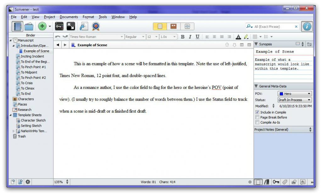 Scrivener basic romance template