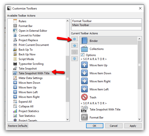 Scrivener toolbar customization