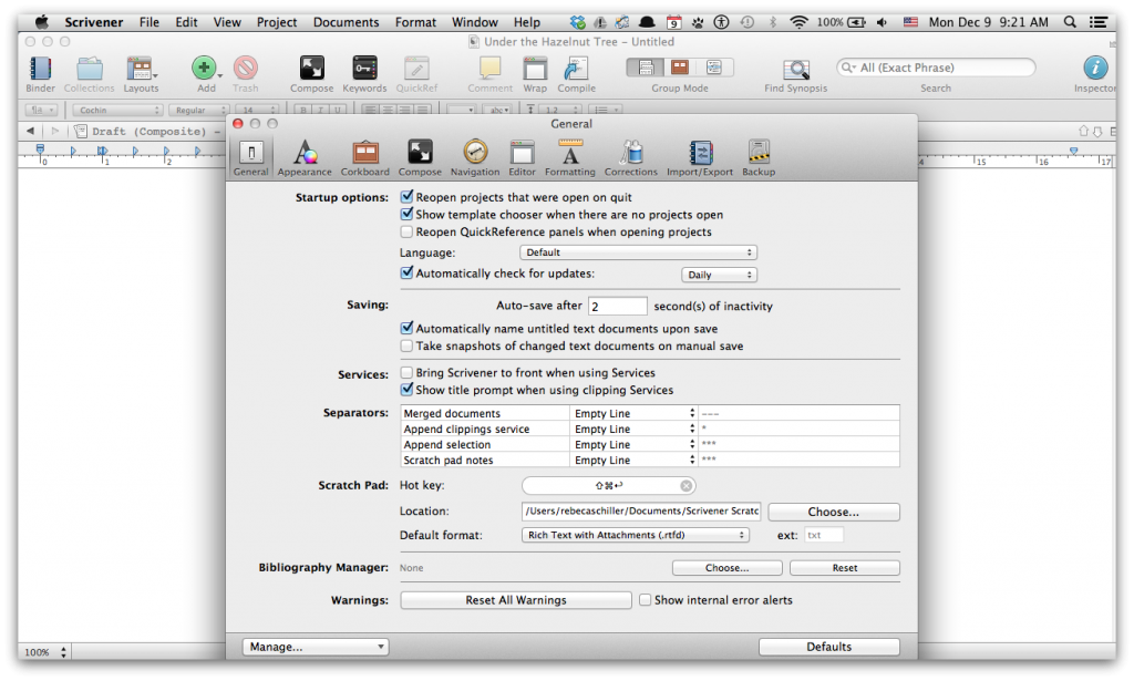 Scrivener general preferences screenshot