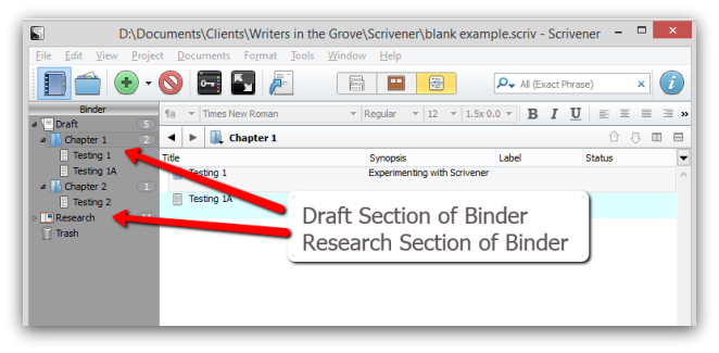 Scrivener binder screenshot