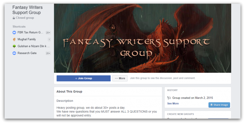 fantasy writers facebook page screenshot 