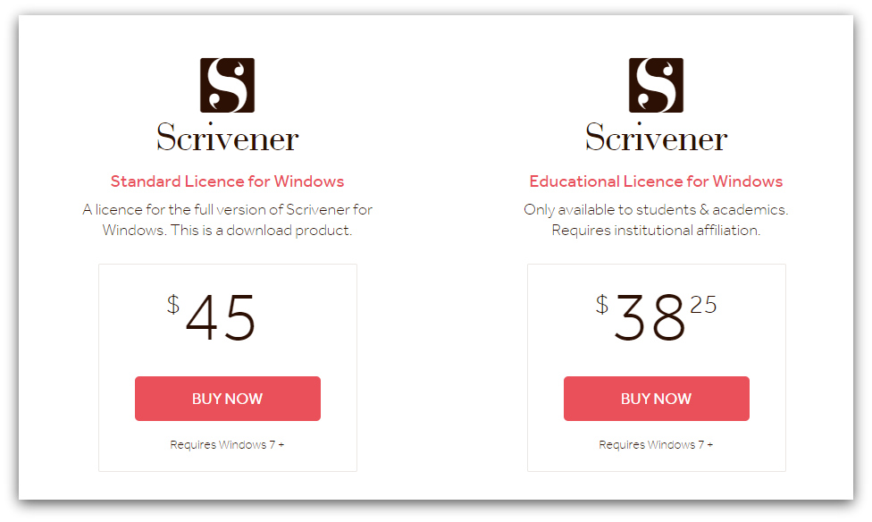 Scrivener pricing page screenshot