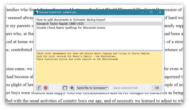 Scrivener scratchpad screenshot