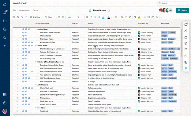 Smartsheet interface