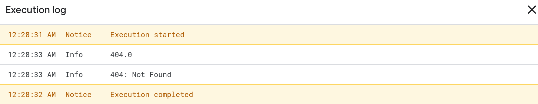 Screenshot of an execution log in Apps Script.