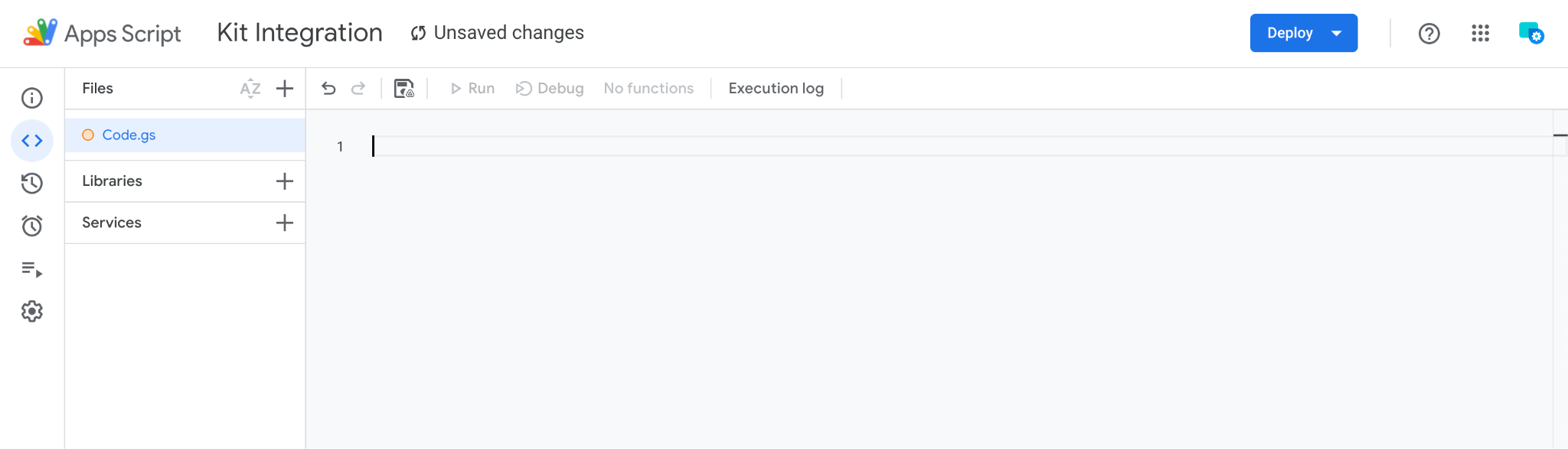 Screenshot of the Google Apps Script editor with a code file open and ready for editing.